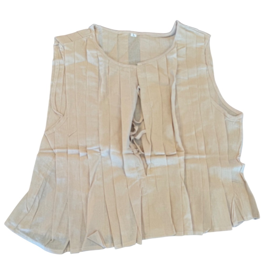 Khaki Tie Front Tank Top Y2K Coquette Pleated Ruffle Babydoll Large